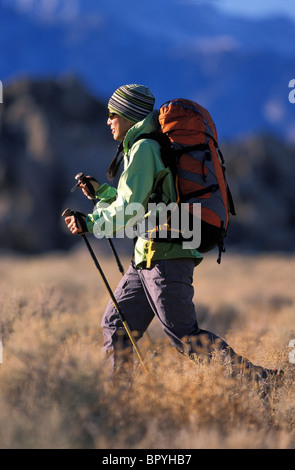 Une femme sportive randonnées avec poteaux à travers une prairie de montagne. Banque D'Images