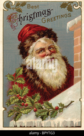 Carte postale de Noël vintage de Santa Claus l'ascension du toit d'une maison Banque D'Images