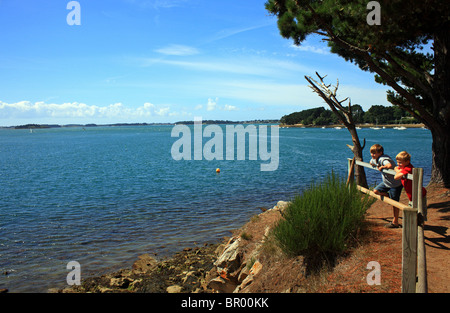 Les garçons à la vue à la mer de de la pointe de Toulindac, Ile aux Moines, Golfe du Morbihan, Bretagne, Bretagne, France Banque D'Images