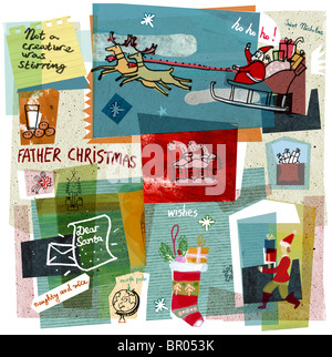 Un collage illustration Père Noël offrir des cadeaux sur son traîneau Banque D'Images