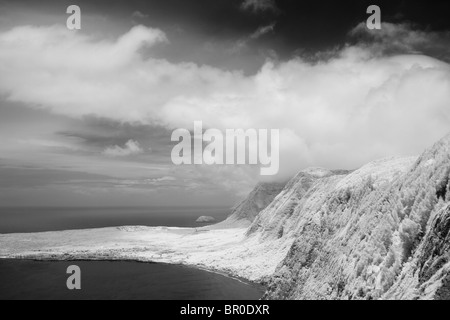 Une vue panoramique sur le plus haut du monde de falaises au-dessus de la péninsule de Kalaupapa sur Molokai, Hawaï (infrarouge). Banque D'Images