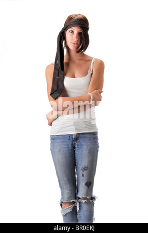 Teen girl blanc sur fond transparent en jean bleu et blanc top Banque D'Images