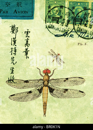 Une vieille lettre avec timbres, les caractères chinois, et les libellules Banque D'Images