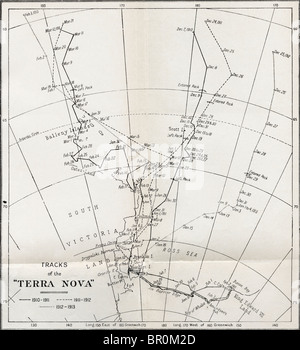 Carte montrant les traces de Robert Falcon Scott expédition Terra Nova de 1910 à 1913. Banque D'Images