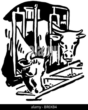 Une version noir et blanc de deux taureaux de manger de l'introduire dans une grange grill Banque D'Images