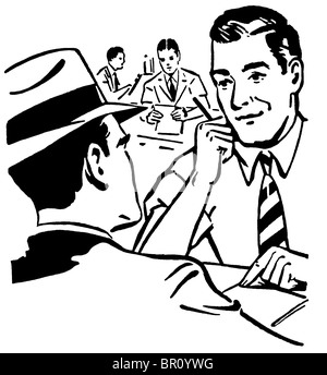 Une version noir et blanc d'une illustration graphique de deux hommes faisant une transaction commerciale Banque D'Images