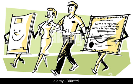 La prestation d'un homme et une femme marchant main dans la main avec du caractère en papier Banque D'Images