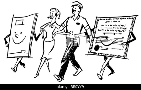 Une version noir et blanc d'un homme et femme livraison marche main dans la main avec du caractère en papier Banque D'Images