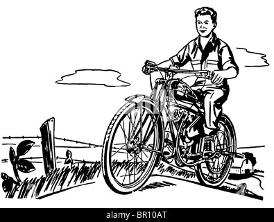 Une version noir et blanc d'un jeune garçon et sa moto Banque D'Images