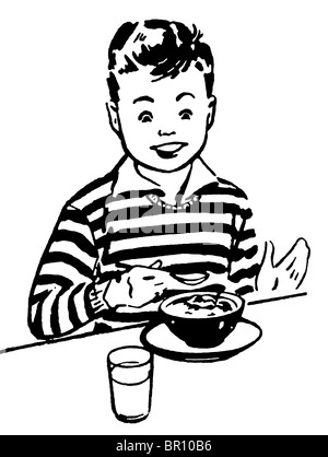 Une version noir et blanc d'un jeune garçon profitant de son dîner Banque D'Images