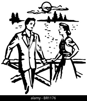 Une version noir et blanc d'une illustration d'un homme et une femme sur une date Banque D'Images