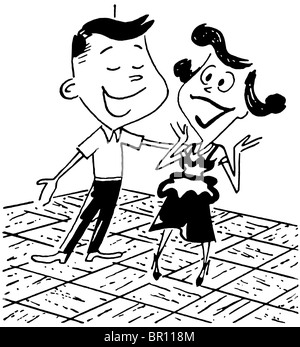 Une version noir et blanc d'un cartoon style dessin d'un jeune couple sur un plancher de danse Banque D'Images