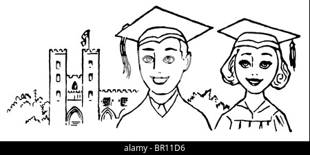 Une illustration en noir et blanc de deux diplômés Banque D'Images