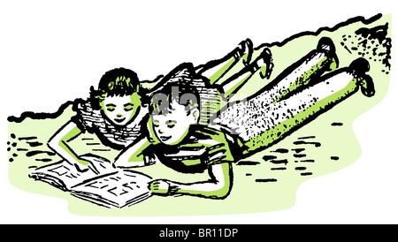 Un vintage illustration de deux enfants à faire leurs devoirs ensemble Banque D'Images