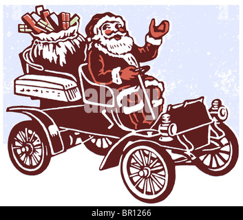 Une version noir et blanc d'une illustration inspirée de Noël de Santa dans une voiture pleine de cadeaux Banque D'Images