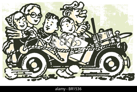 Un cartoon style libre d'une voiture remplie de sacs et de la famille pour des vacances ensemble Banque D'Images