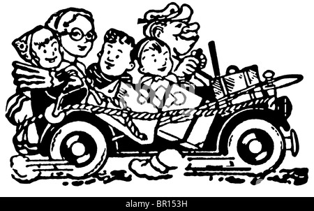 Une version noir et blanc d'un cartoon style libre d'une voiture remplie de sacs et de la famille pour des vacances ensemble Banque D'Images