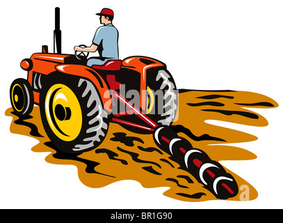 Illustration d'un agriculteur conduisant un tracteur vintage avec charrue ou le labourage isolé sur fond blanc Banque D'Images