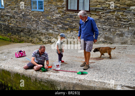 Père et fils en crabe d'une rampe de mise à Salcombe avec l'aide d'un pêcheur local. Un chien attend que d'espoir. Banque D'Images