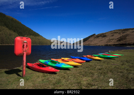 Canoës colorés sur la rive d'un lac paisible. Banque D'Images