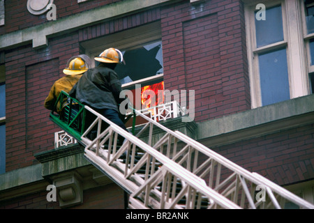 Sur l'échelle des Pompiers Pompiers / Combattre le feu à travers la fenêtre brisée dans un immeuble Banque D'Images