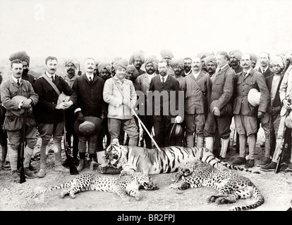 Singhpur, Inde. Tiger et deux léopards, le Maharaja de Gwalior et le Prince de Galles. Visite royale 1906. Banque D'Images