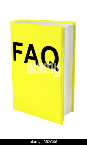 L'acronyme FAQ (Foire Aux Questions) imprimé sur un livre jaune. Banque D'Images