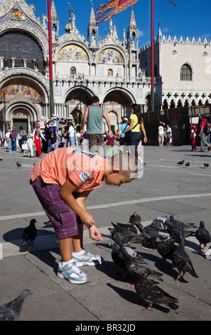 Jeune garçon qui s'est, de l'alimentation dans les pigeons de la Place Saint Marc, Venise, Italie Banque D'Images