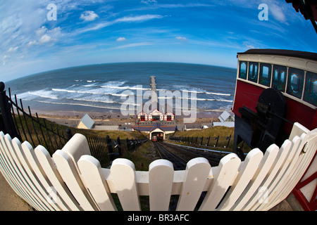 Photo de Fisheye Saltburn Pier et Tramway, Tees Valley Banque D'Images