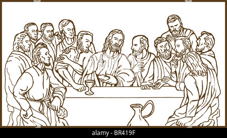 Dessin croquis illustration de la dernière Cène de Jésus Christ le sauveur et ses disciples Banque D'Images