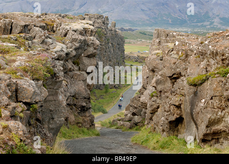 Þingvellir, où Européens et Américains les plaques. Banque D'Images