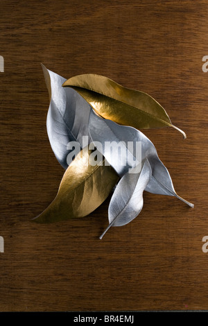Les feuilles d'or et d'argent sur bois Banque D'Images
