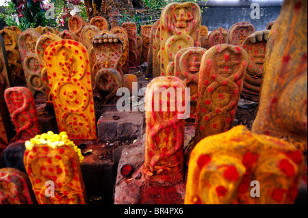 Pierres de Naga (serpent) pierres Kanchipuram, dans le Tamil Nadu, Inde. Banque D'Images