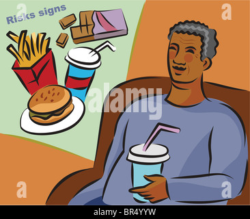 Illustration des signes de risque de diabète montrant un homme âgé de l'embonpoint et la malbouffe Banque D'Images