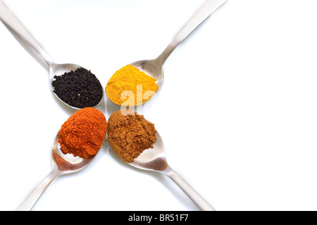 C. à thé d'épices couramment utilisées dans la cuisine indienne, coriandre, curcuma, graines d'oignons et le piment en poudre, sur un fond blanc Banque D'Images