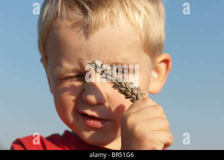 Portrait d'enfant garçon blond avec morceau de blé holding dans la main Banque D'Images