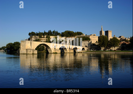 France, Provence, Avignon, rivière Rhône, pont Saint Bénézet et Palais des Papes Banque D'Images