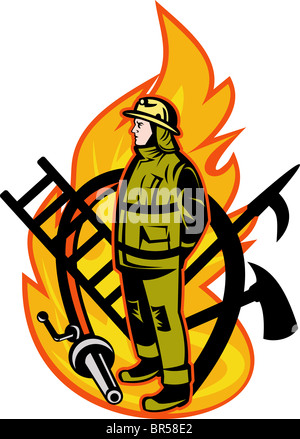Illustration d'un pompier avec ax,bain, lance, crochet et le tuyau d'incendie. Banque D'Images