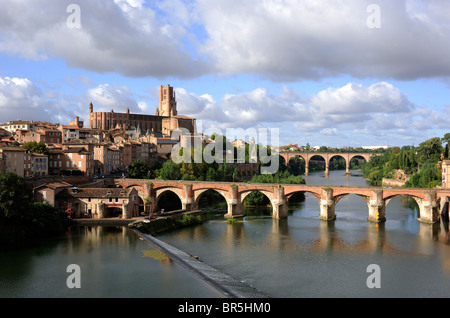 France, Albi, rivière Tarn, pont et cathédrale Banque D'Images
