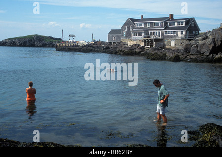 Nageurs à une petite plage sur l'île pittoresque de Mohegan centre du Maine. Banque D'Images