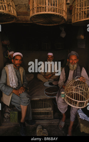 Les hommes posent avec les cages d'oiseaux dans un magasin qui vend des oiseaux dans un ancien bazar couvert Kaboul Afghanistan Banque D'Images