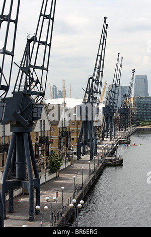 Royal Victoria Dock, London, préservé des grues et des nouveaux logements. Banque D'Images