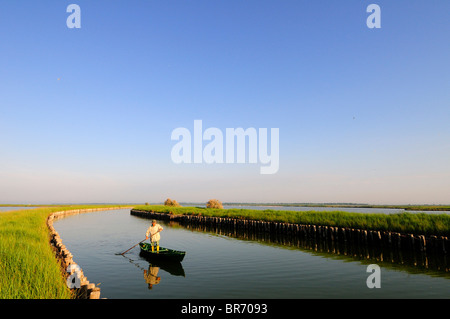 L'homme sur le bateau sur canal, Valli de Comacchio, Parco delta del Po, NW Italie 2008 Banque D'Images