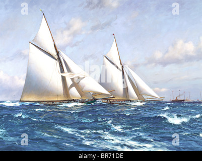 Colombie-britannique passe au vent de Shamrock I au cours de la troisième course de l'America's Cup, 1899. Huile sur toile, 30' x 40', 1999. Pr Banque D'Images