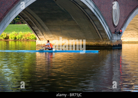 Les lignes d'un homme en début de matinée de la Charles River, entre Boston et Cambridge au Massachusetts. Banque D'Images