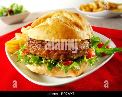 Hamburgers dans un pain bun avec salade et frites Banque D'Images