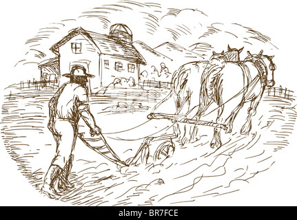 Des croquis dessinés à la main, vector illustration d'un agriculteur et l'labourer le champ avec barn farmhouse Banque D'Images