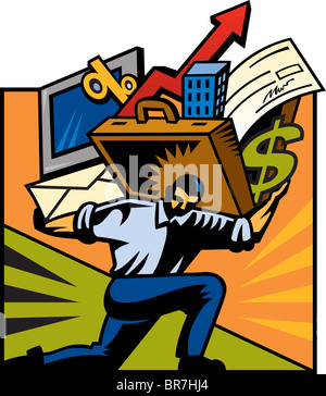 Un homme portant un ordinateur et d'une mallette remplie de divers objets Banque D'Images