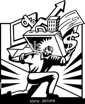 Un homme portant un ordinateur et d'une mallette remplie de divers objets Banque D'Images