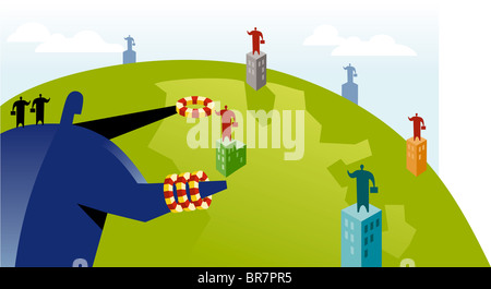 Un homme avec bagues caoutchouc sauver ses employés s'est échoué sur le haut des bâtiments Banque D'Images